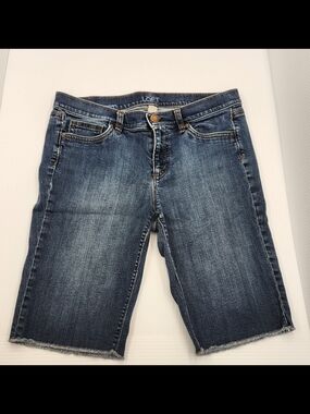 LOFT Dark Blue Denim Bike Shorts with Frayed Hem